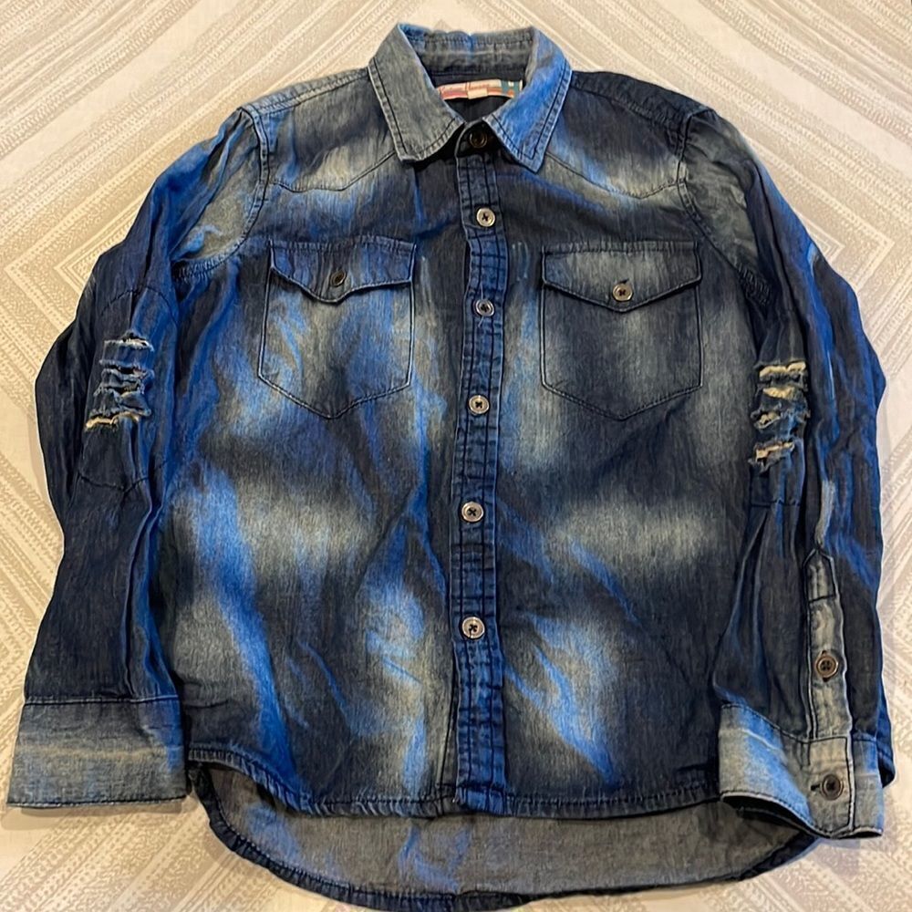 Vintage Havana Boys Denim Bleach Distressed Button Down Shirt